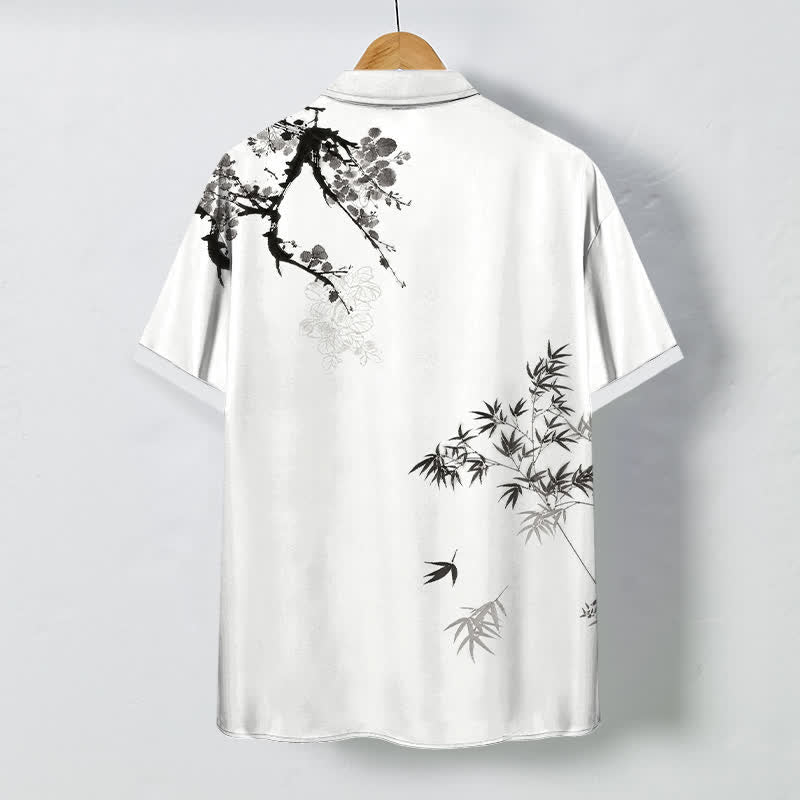 Nimara Ritual Ink Bamboo Leaf Tree Branches Pattern Buttons Breathable Men's Short Sleeve Shirt