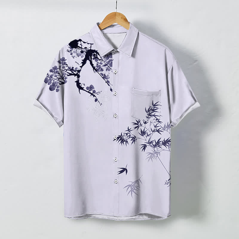 Nimara Ritual Ink Bamboo Leaf Tree Branches Pattern Buttons Breathable Men's Short Sleeve Shirt