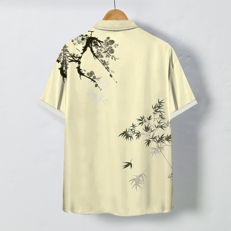 Nimara Ritual Ink Bamboo Leaf Tree Branches Pattern Buttons Breathable Men's Short Sleeve Shirt