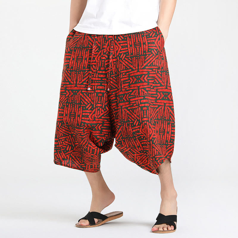 Nimara Ritual Summer Boho Casual Drawstring Abstract Geometry Capri Pants Men's Harem Pants With Pocket