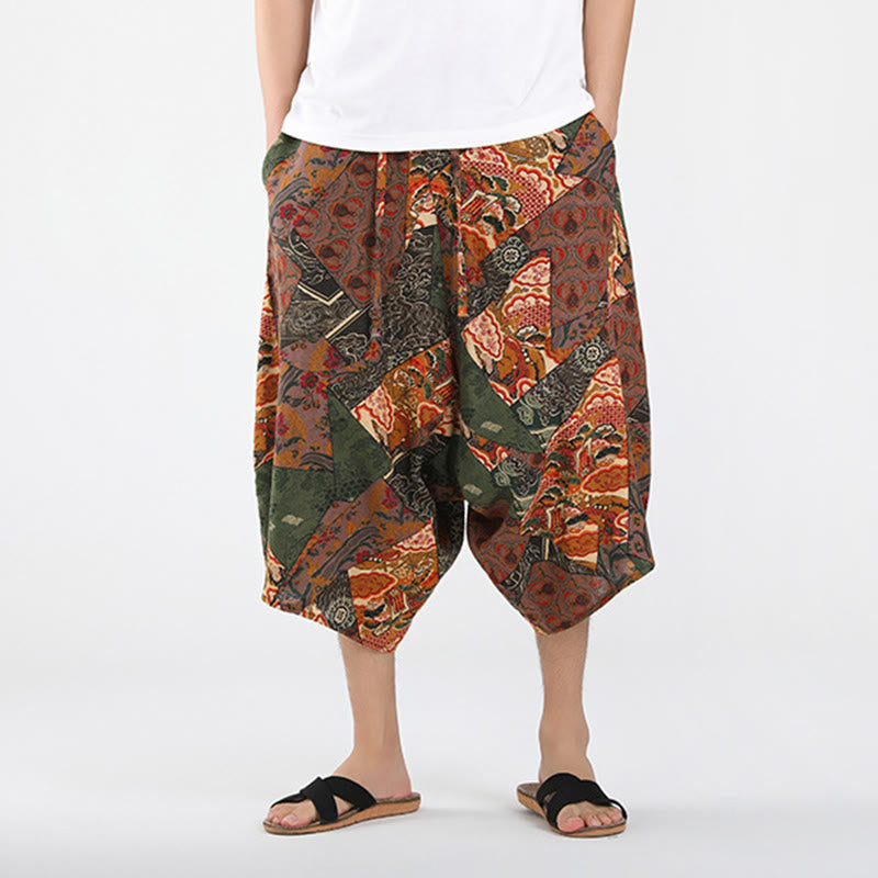 Nimara Ritual Summer Boho Casual Drawstring Abstract Geometry Capri Pants Men's Harem Pants With Pocket