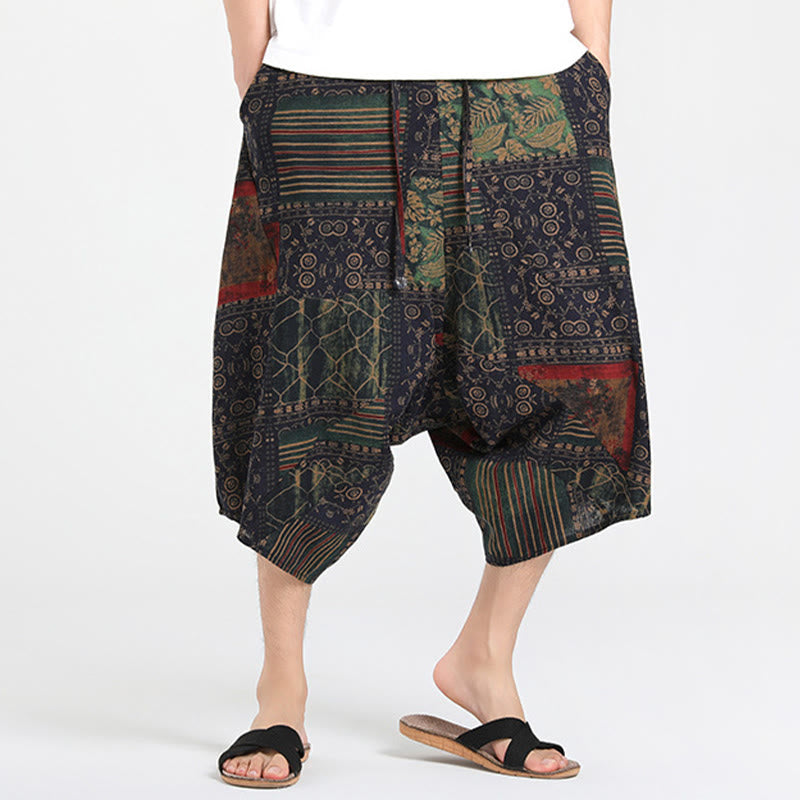 Nimara Ritual Summer Boho Casual Drawstring Abstract Geometry Capri Pants Men's Harem Pants With Pocket