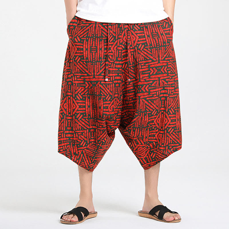 Nimara Ritual Summer Boho Casual Drawstring Abstract Geometry Capri Pants Men's Harem Pants With Pocket