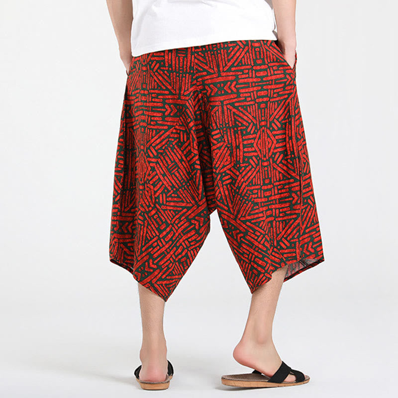 Nimara Ritual Summer Boho Casual Drawstring Abstract Geometry Capri Pants Men's Harem Pants With Pocket