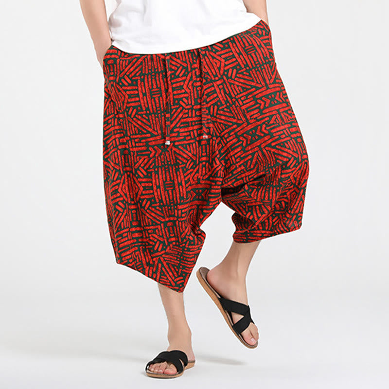 Nimara Ritual Summer Boho Casual Drawstring Abstract Geometry Capri Pants Men's Harem Pants With Pocket