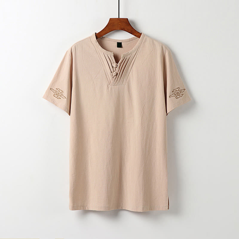 Nimara Ritual Summer Tang Style Frog Button Auspicious Clouds Embroidery Solid Men's Short Sleeve Shirts