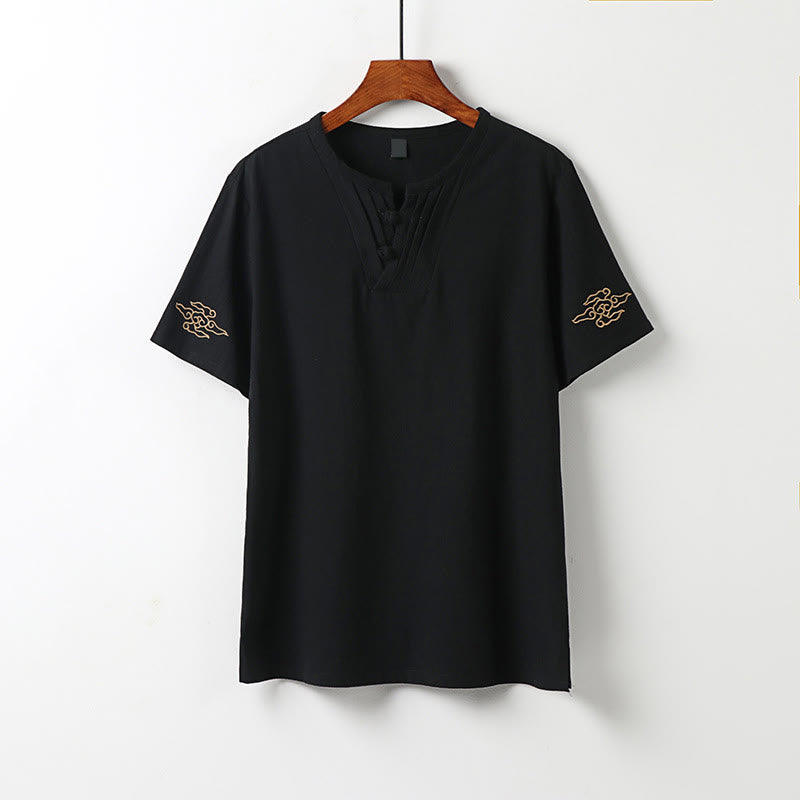 Nimara Ritual Summer Tang Style Frog Button Auspicious Clouds Embroidery Solid Men's Short Sleeve Shirts