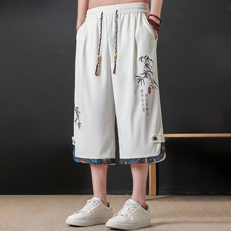 Nimara Ritual Summer Tang Style Casual Drawstring Bamboo Print Half Pants Men's Straight Leg Pants With Pocket