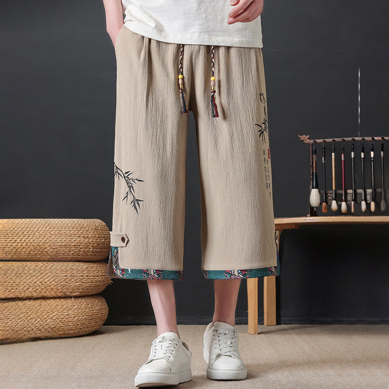 Nimara Ritual Summer Tang Style Casual Drawstring Bamboo Print Half Pants Men's Straight Leg Pants With Pocket