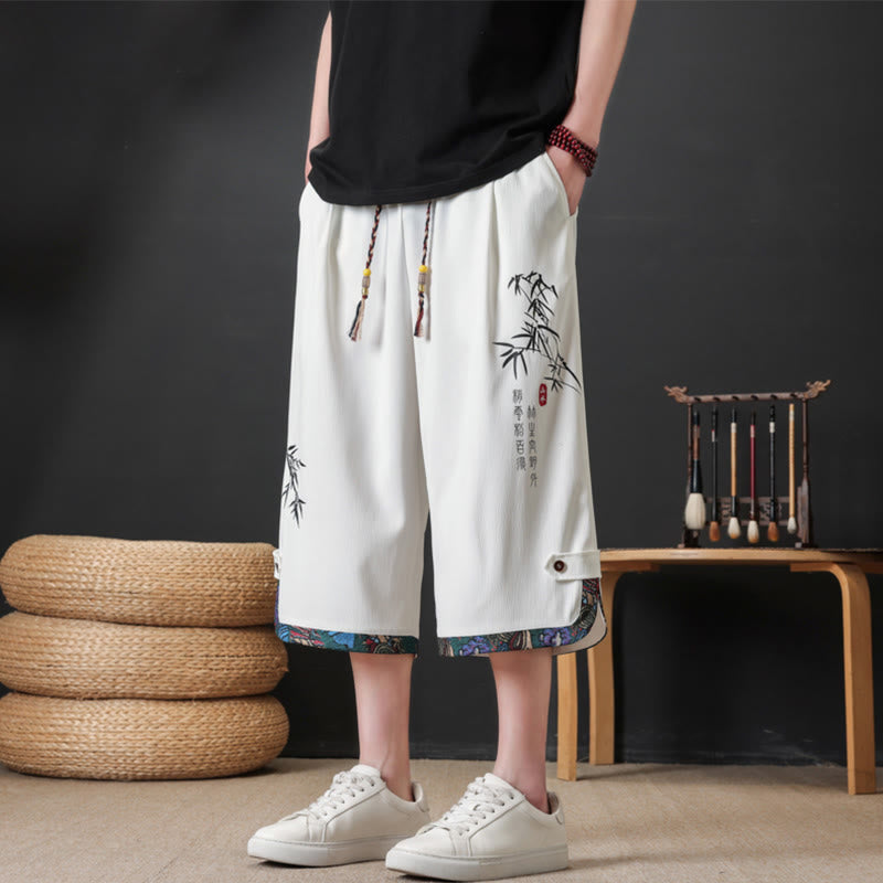 Nimara Ritual Summer Tang Style Casual Drawstring Bamboo Print Half Pants Men's Straight Leg Pants With Pocket