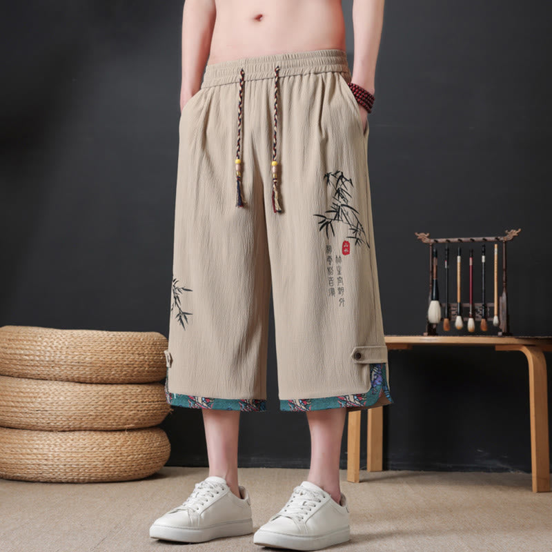 Nimara Ritual Summer Tang Style Casual Drawstring Bamboo Print Half Pants Men's Straight Leg Pants With Pocket