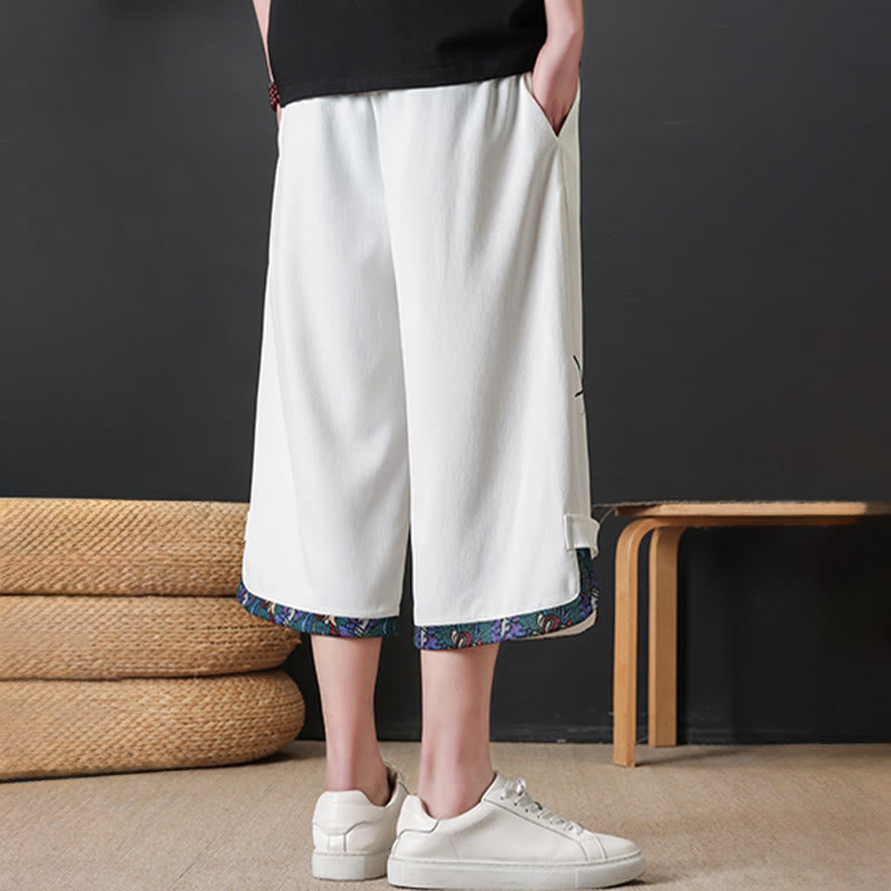 Nimara Ritual Summer Tang Style Casual Drawstring Bamboo Print Half Pants Men's Straight Leg Pants With Pocket