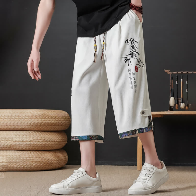 Nimara Ritual Summer Tang Style Casual Drawstring Bamboo Print Half Pants Men's Straight Leg Pants With Pocket