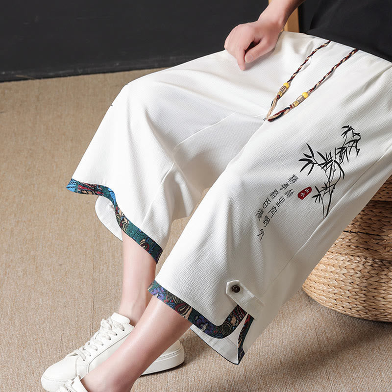 Nimara Ritual Summer Tang Style Casual Drawstring Bamboo Print Half Pants Men's Straight Leg Pants With Pocket