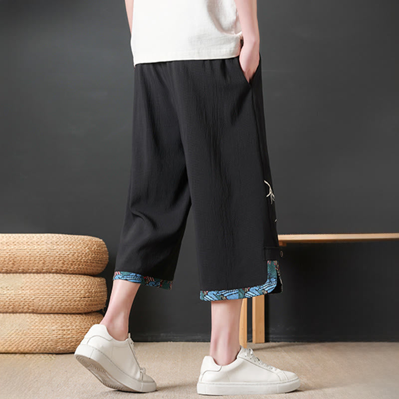 Nimara Ritual Summer Tang Style Casual Drawstring Bamboo Print Half Pants Men's Straight Leg Pants With Pocket