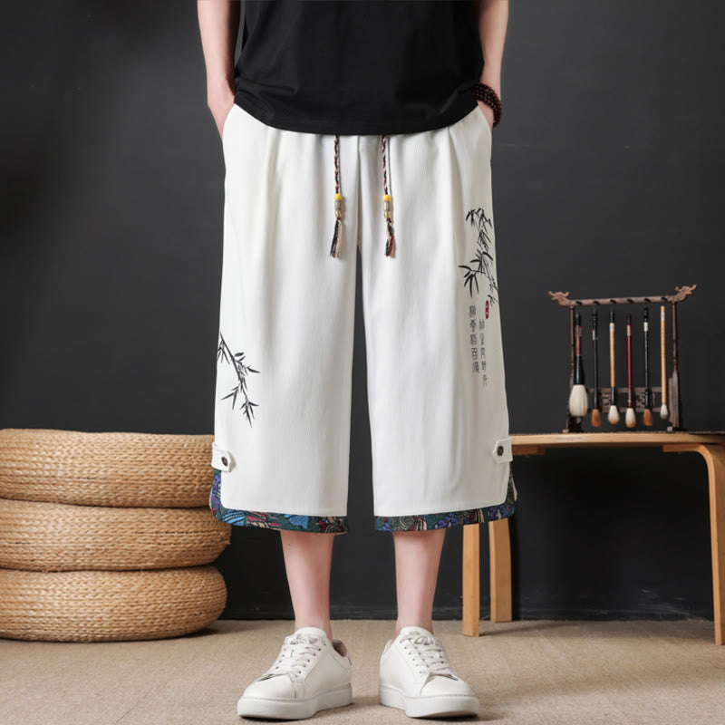 Nimara Ritual Summer Tang Style Casual Drawstring Bamboo Print Half Pants Men's Straight Leg Pants With Pocket