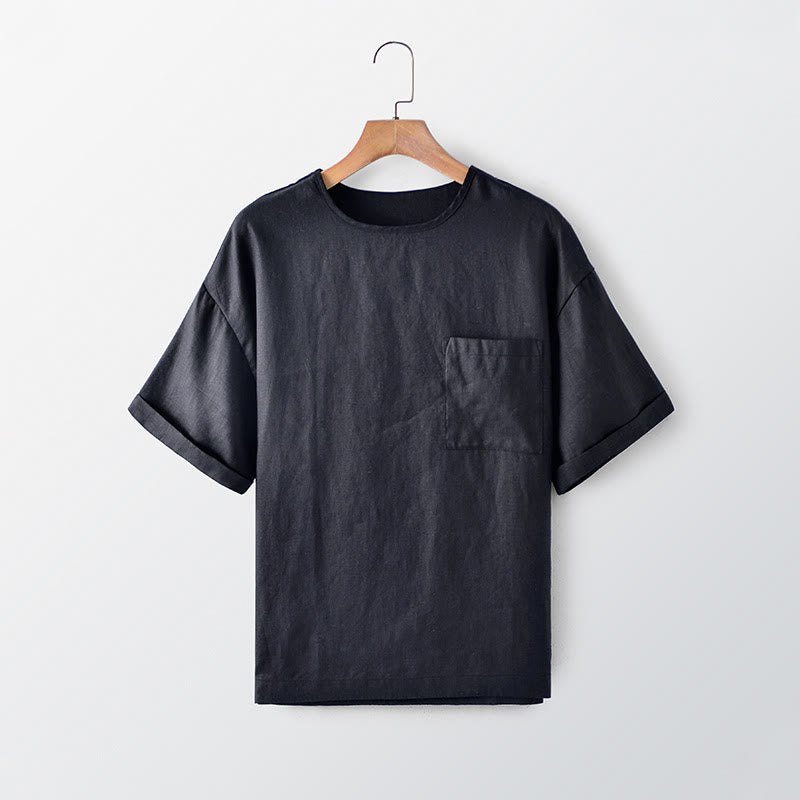 Nimara Ritual Summer Casual Minimalist Solid Crew Neck Men's Short Sleeve T-Shirts With Patch Pocket