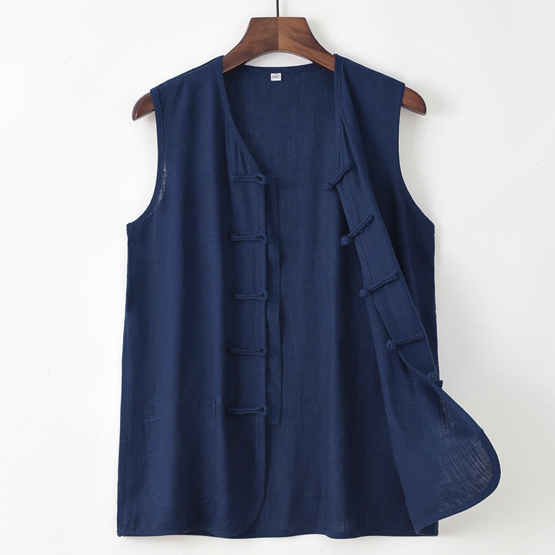 Nimara Ritual Summer Tang Style Casual Frog Button Solid Tank Top Men's Sleeveless Shirts With Pocket
