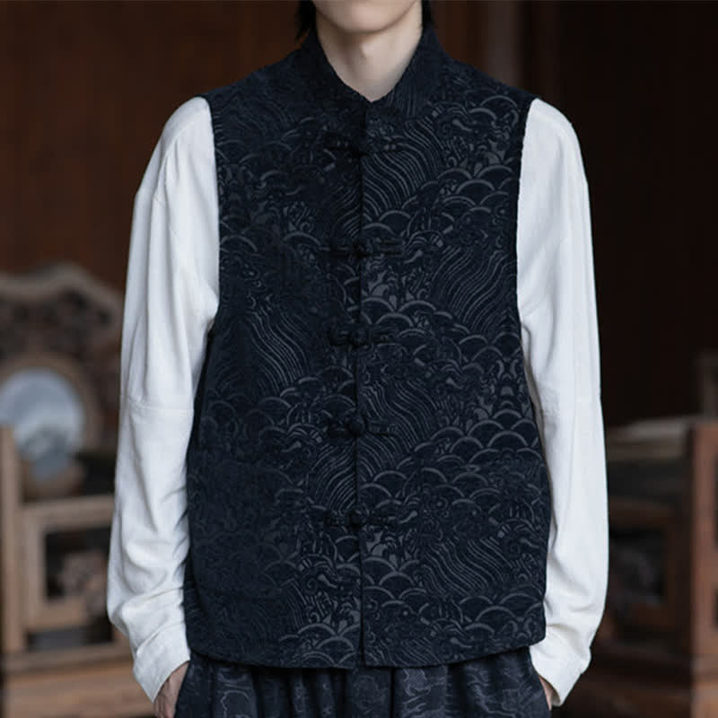 Nimara Ritual Fall Tang Style Vintage Mandarin Collar Frog Button Abstract Jacquard Men's Sleeveless Shirts