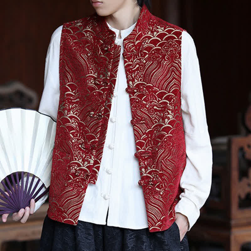 Nimara Ritual Fall Tang Style Vintage Mandarin Collar Frog Button Abstract Jacquard Men's Sleeveless Shirts