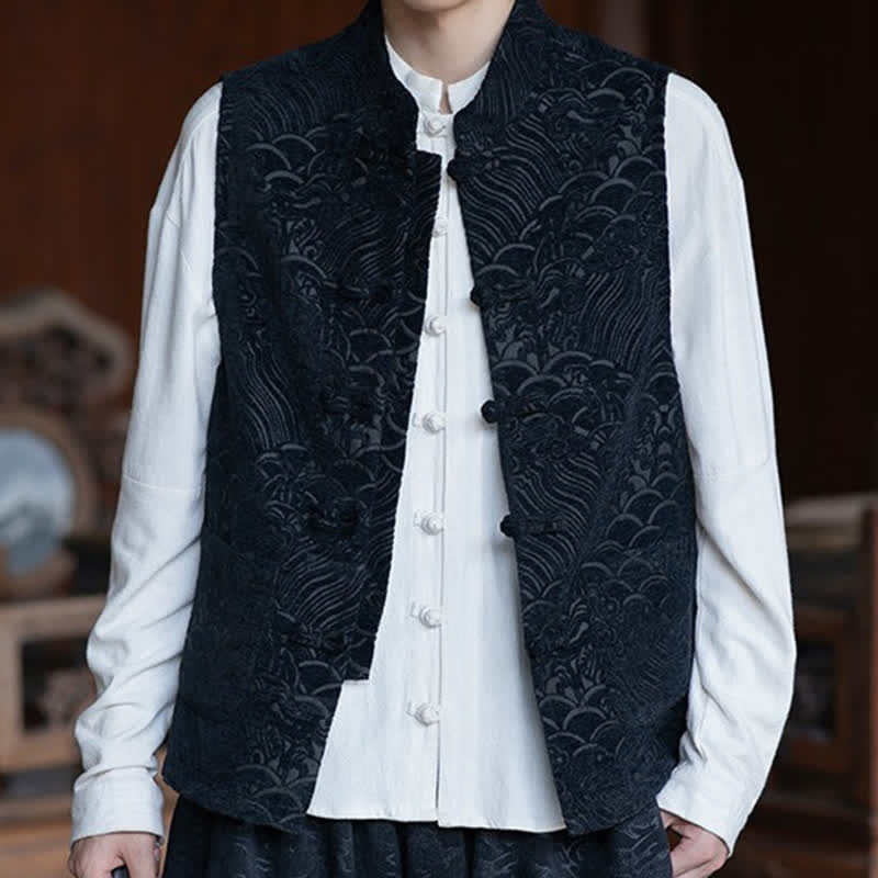 Nimara Ritual Fall Tang Style Vintage Mandarin Collar Frog Button Abstract Jacquard Men's Sleeveless Shirts