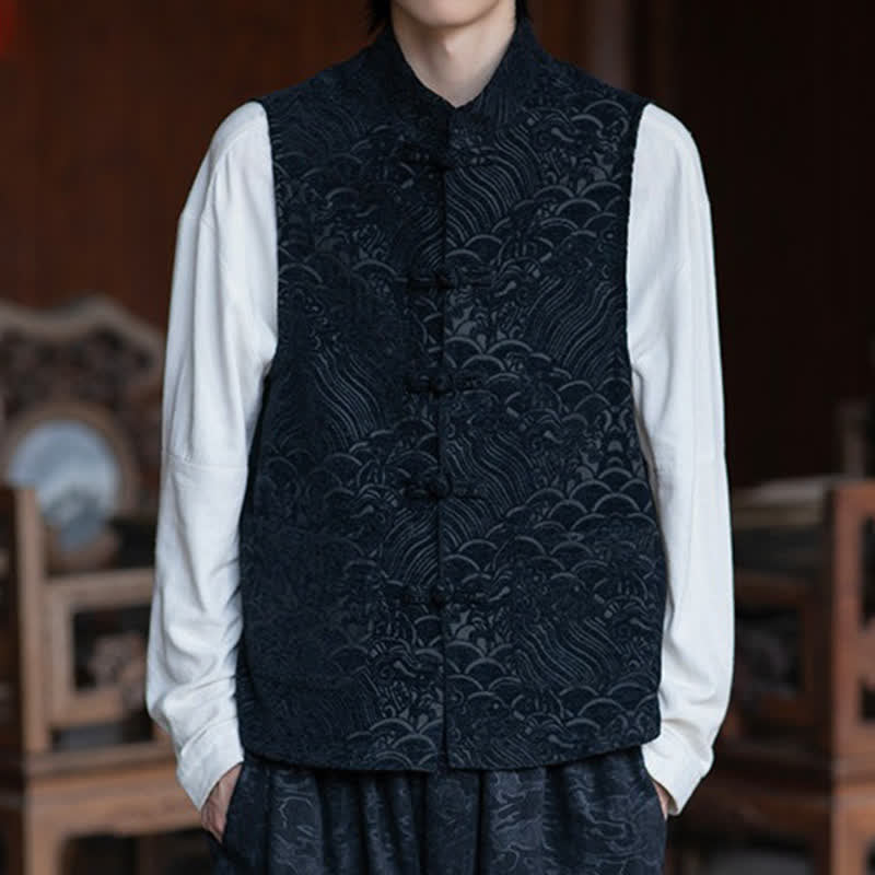 Nimara Ritual Fall Tang Style Vintage Mandarin Collar Frog Button Abstract Jacquard Men's Sleeveless Shirts