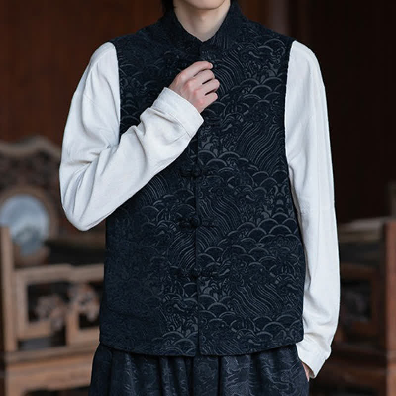 Nimara Ritual Fall Tang Style Vintage Mandarin Collar Frog Button Abstract Jacquard Men's Sleeveless Shirts