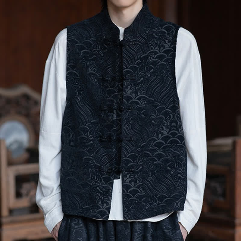 Nimara Ritual Fall Tang Style Vintage Mandarin Collar Frog Button Abstract Jacquard Men's Sleeveless Shirts