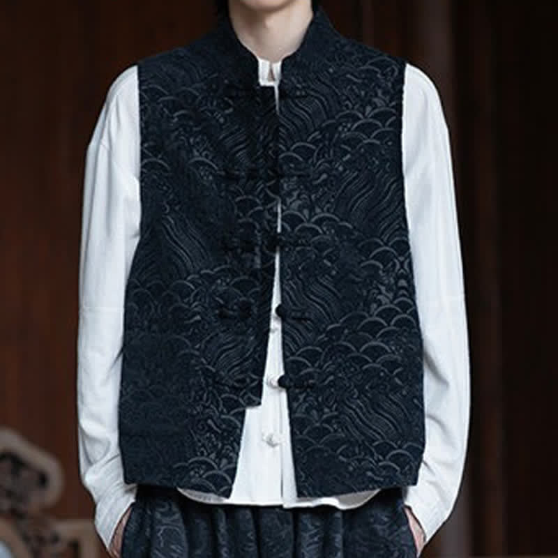 Nimara Ritual Fall Tang Style Vintage Mandarin Collar Frog Button Abstract Jacquard Men's Sleeveless Shirts