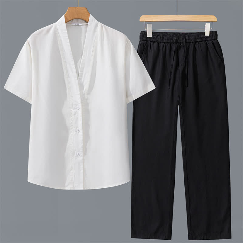 Nimara Ritual 2Pcs Spring Summer Casual Minimalist Button-Up Shirt Drawstring Pants Solid Men's Meditation Cloth With Pockets