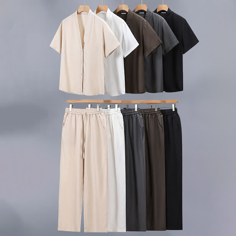 Nimara Ritual 2Pcs Spring Summer Casual Minimalist Button-Up Shirt Drawstring Pants Solid Men's Meditation Cloth With Pockets