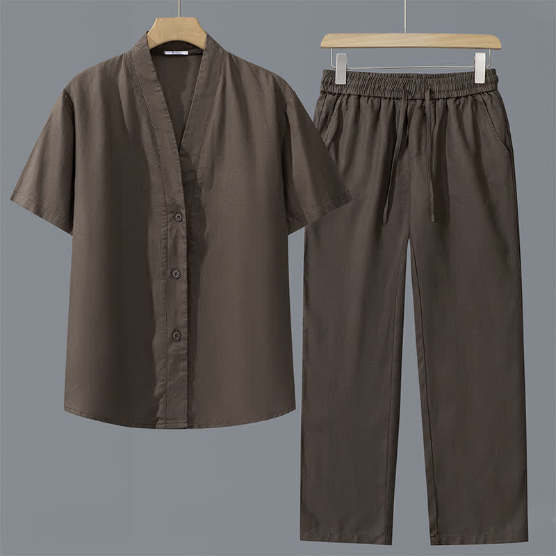Nimara Ritual 2Pcs Spring Summer Casual Minimalist Button-Up Shirt Drawstring Pants Solid Men's Meditation Cloth With Pockets