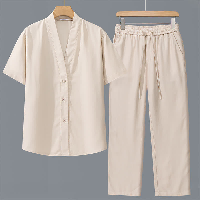 Nimara Ritual 2Pcs Spring Summer Casual Minimalist Button-Up Shirt Drawstring Pants Solid Men's Meditation Cloth With Pockets