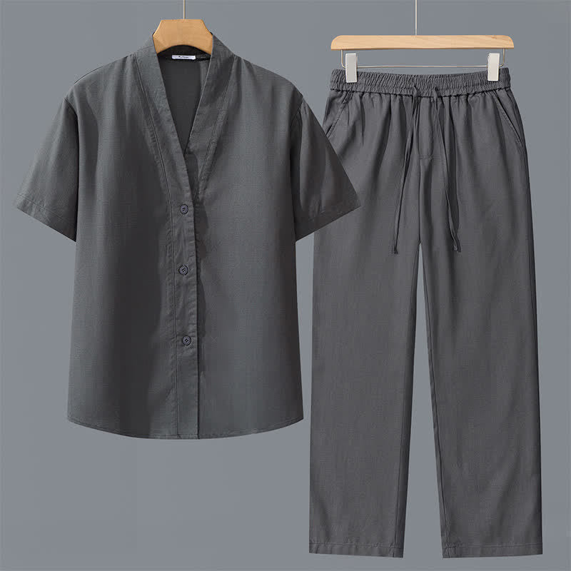 Nimara Ritual 2Pcs Spring Summer Casual Minimalist Button-Up Shirt Drawstring Pants Solid Men's Meditation Cloth With Pockets