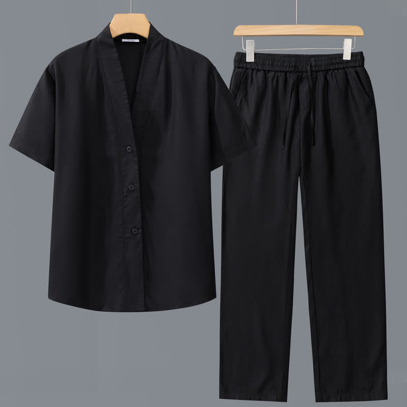 Nimara Ritual 2Pcs Spring Summer Casual Minimalist Button-Up Shirt Drawstring Pants Solid Men's Meditation Cloth With Pockets