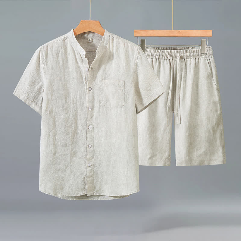 Nimara Ritual 2Pcs Summer Casual Tang Style Button-Up Short Sleeve Shirt Shorts Solid Linen Men's Meditation Cloth With Pocket
