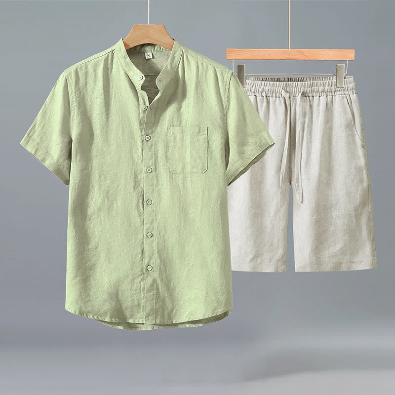 Nimara Ritual 2Pcs Summer Casual Tang Style Button-Up Short Sleeve Shirt Shorts Solid Linen Men's Meditation Cloth With Pocket