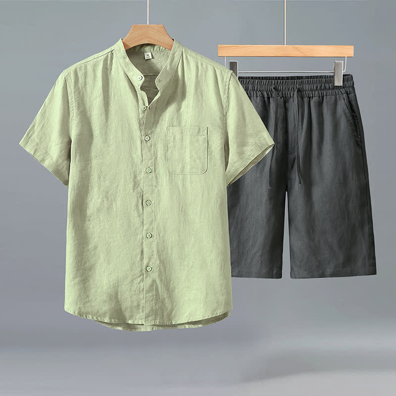 Nimara Ritual 2Pcs Summer Casual Tang Style Button-Up Short Sleeve Shirt Shorts Solid Linen Men's Meditation Cloth With Pocket
