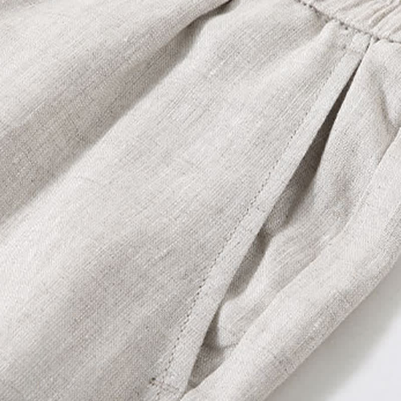 Nimara Ritual 2Pcs Summer Casual Tang Style Button-Up Short Sleeve Shirt Shorts Solid Linen Men's Meditation Cloth With Pocket