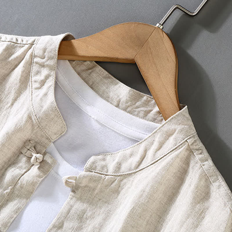 Nimara Ritual 2Pcs Summer Tang Style Meditation Frog Button Short Sleeve Shirt Pants Solid Linen Men's Meditation Cloth