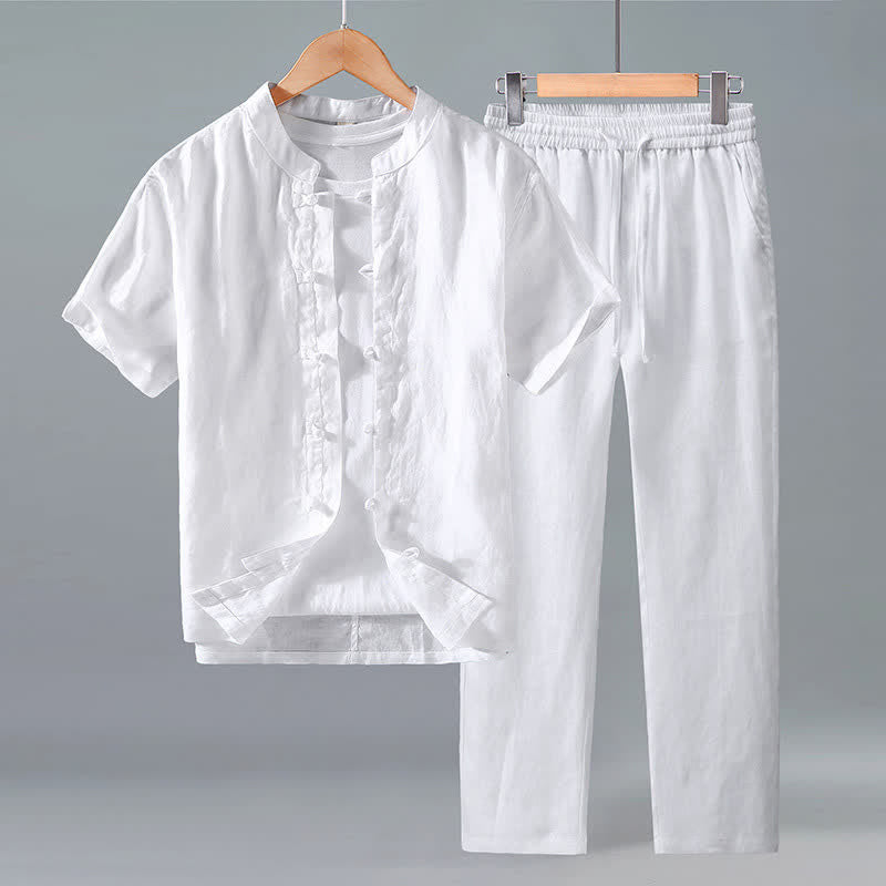 Nimara Ritual 2Pcs Summer Tang Style Meditation Frog Button Short Sleeve Shirt Pants Solid Linen Men's Meditation Cloth