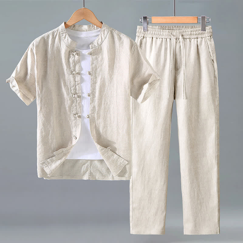 Nimara Ritual 2Pcs Summer Tang Style Meditation Frog Button Short Sleeve Shirt Pants Solid Linen Men's Meditation Cloth