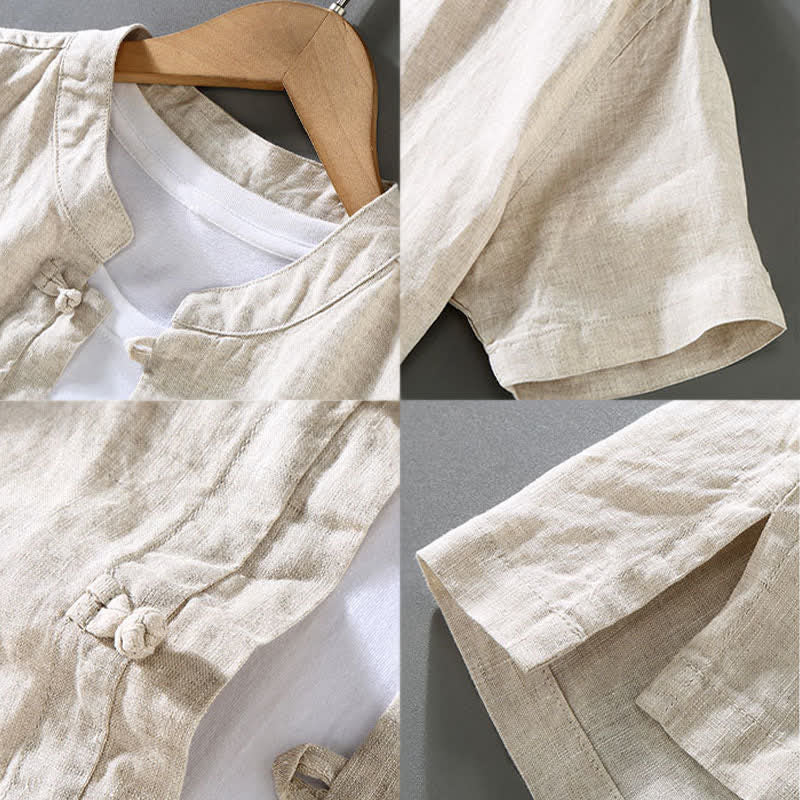 Nimara Ritual 2Pcs Summer Tang Style Meditation Frog Button Short Sleeve Shirt Pants Solid Linen Men's Meditation Cloth