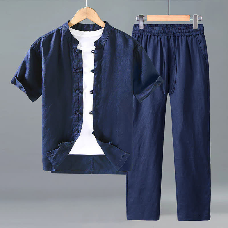 Nimara Ritual 2Pcs Summer Tang Style Meditation Frog Button Short Sleeve Shirt Pants Solid Linen Men's Meditation Cloth