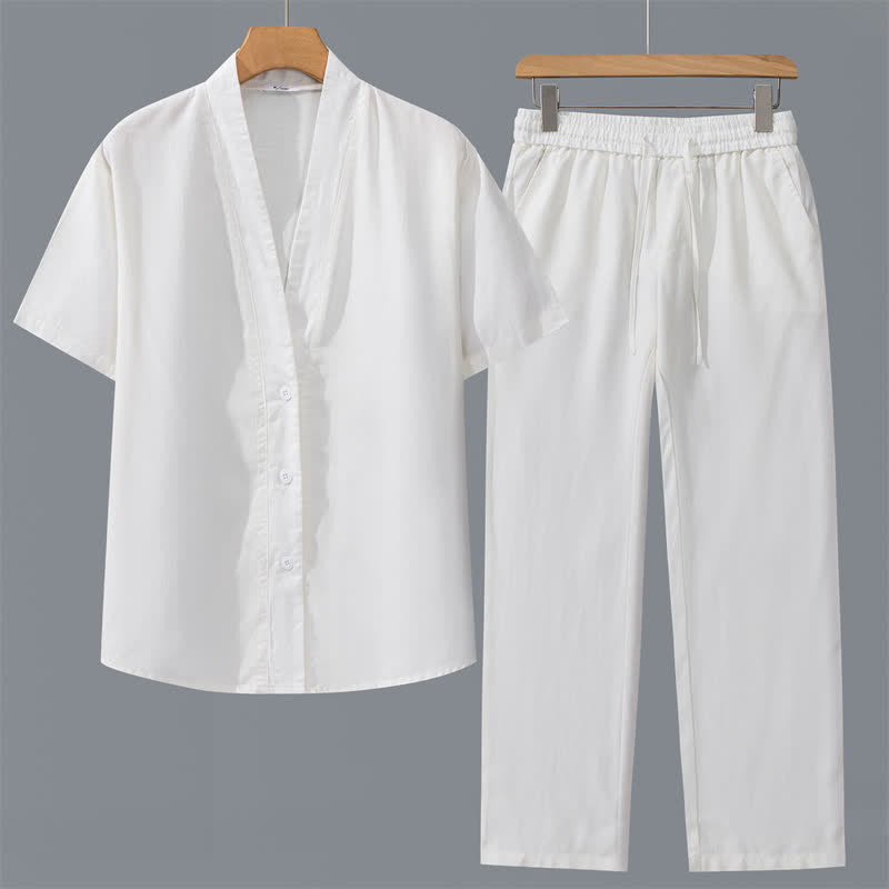Nimara Ritual 2Pcs Spring Summer Casual Minimalist Button-Up Shirt Drawstring Pants Solid Men's Meditation Cloth With Pockets