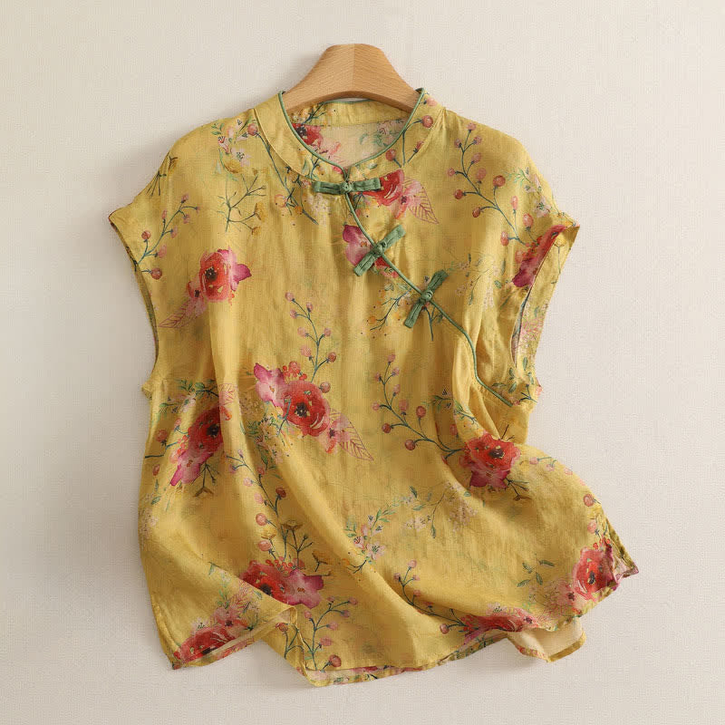 Nimara Ritual Summer Vintage Tang Style Frog Button Red Floral Tank Top Women's Sleeveless Shirts