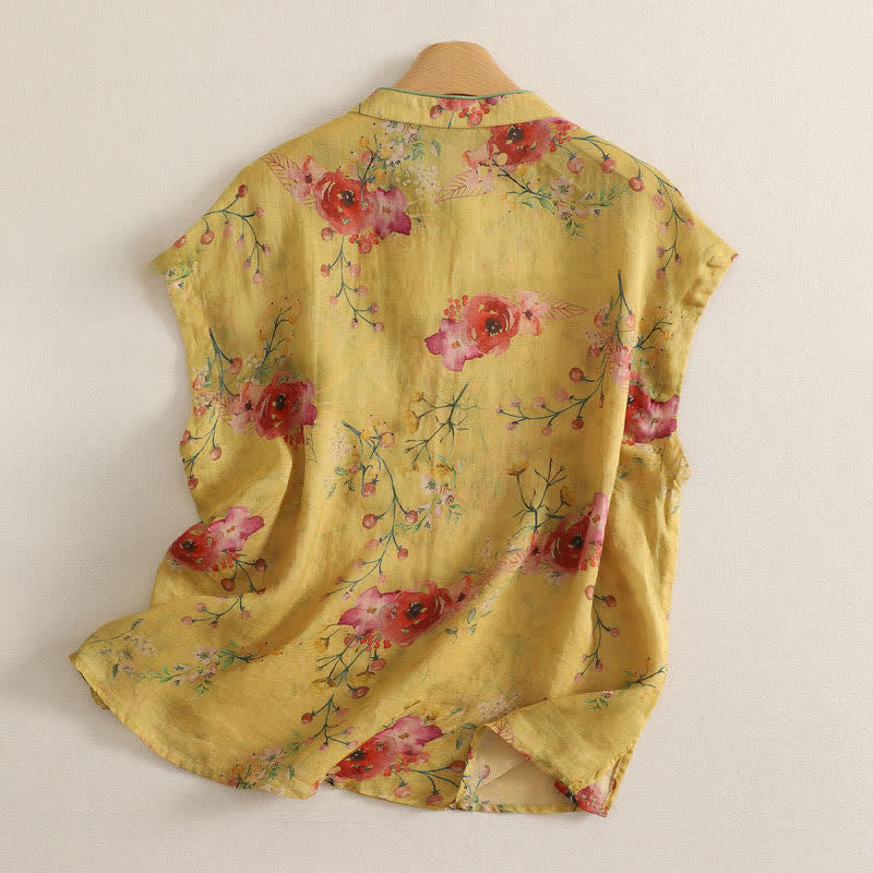 Nimara Ritual Summer Vintage Tang Style Frog Button Red Floral Tank Top Women's Sleeveless Shirts