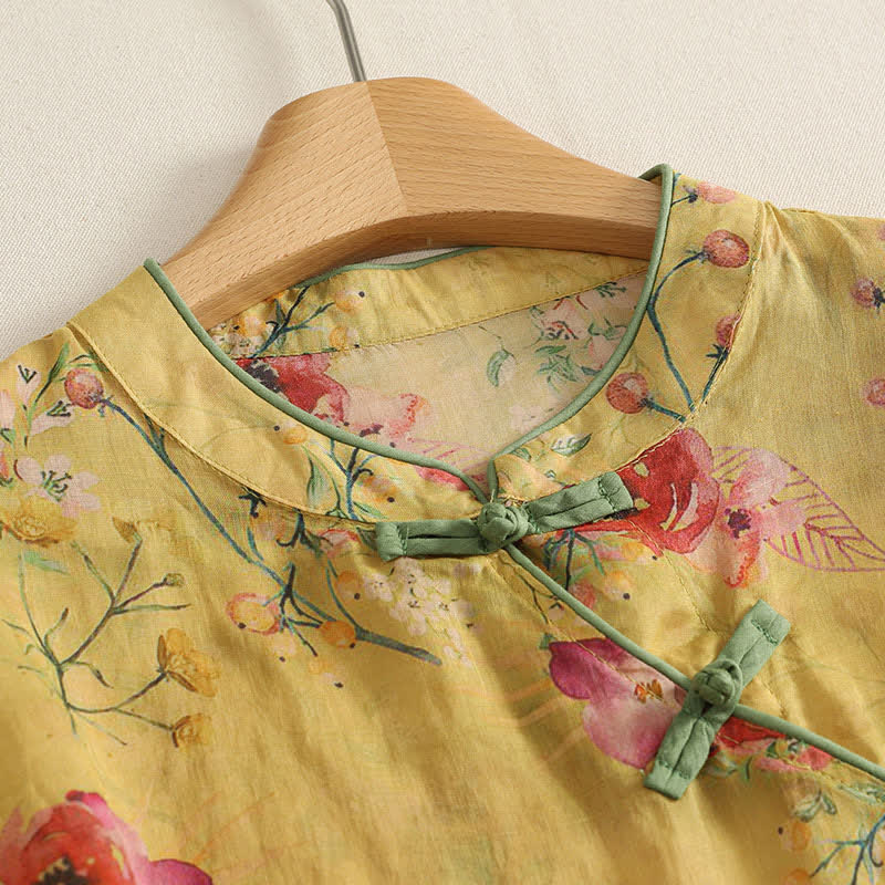 Nimara Ritual Summer Vintage Tang Style Frog Button Red Floral Tank Top Women's Sleeveless Shirts