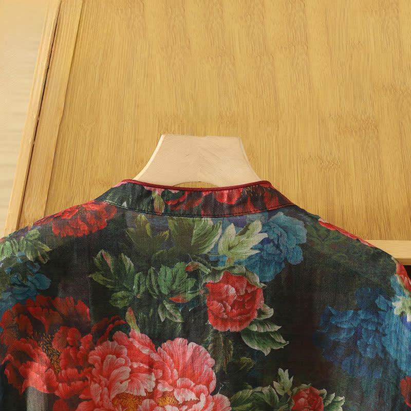 Nimara Ritual Summer Tang Style Elegant Mandarin Collar Peony Floral Tank Top Women's Sleeveless Shirts