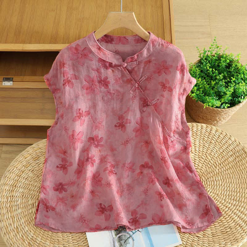 Nimara Ritual Summer Tang Style Casual Mandarin Collar Pink Floral Tank Top Women's Sleeveless Shirts